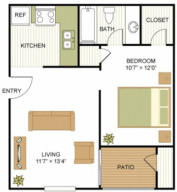 1 bed 1 bath SC- Efficiency Floor Plan at Sunset Canyon, San Antonio, TX